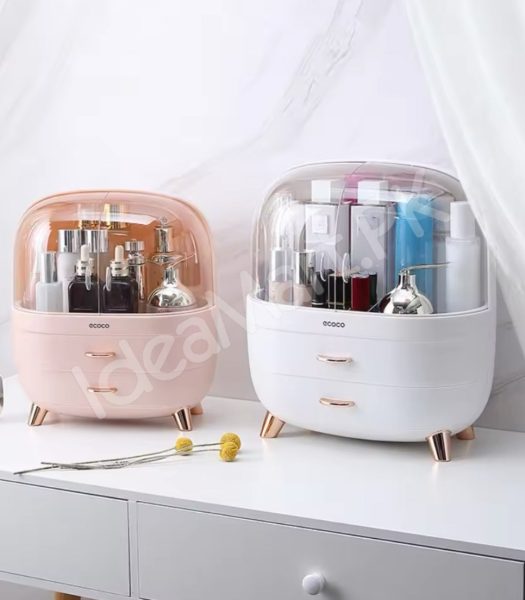 dustproof-cosmetic-storage-box-with-clear-lid-2-drawers-rose-gold-accents-for-vanity-countertop-makeup-organizer-product-image