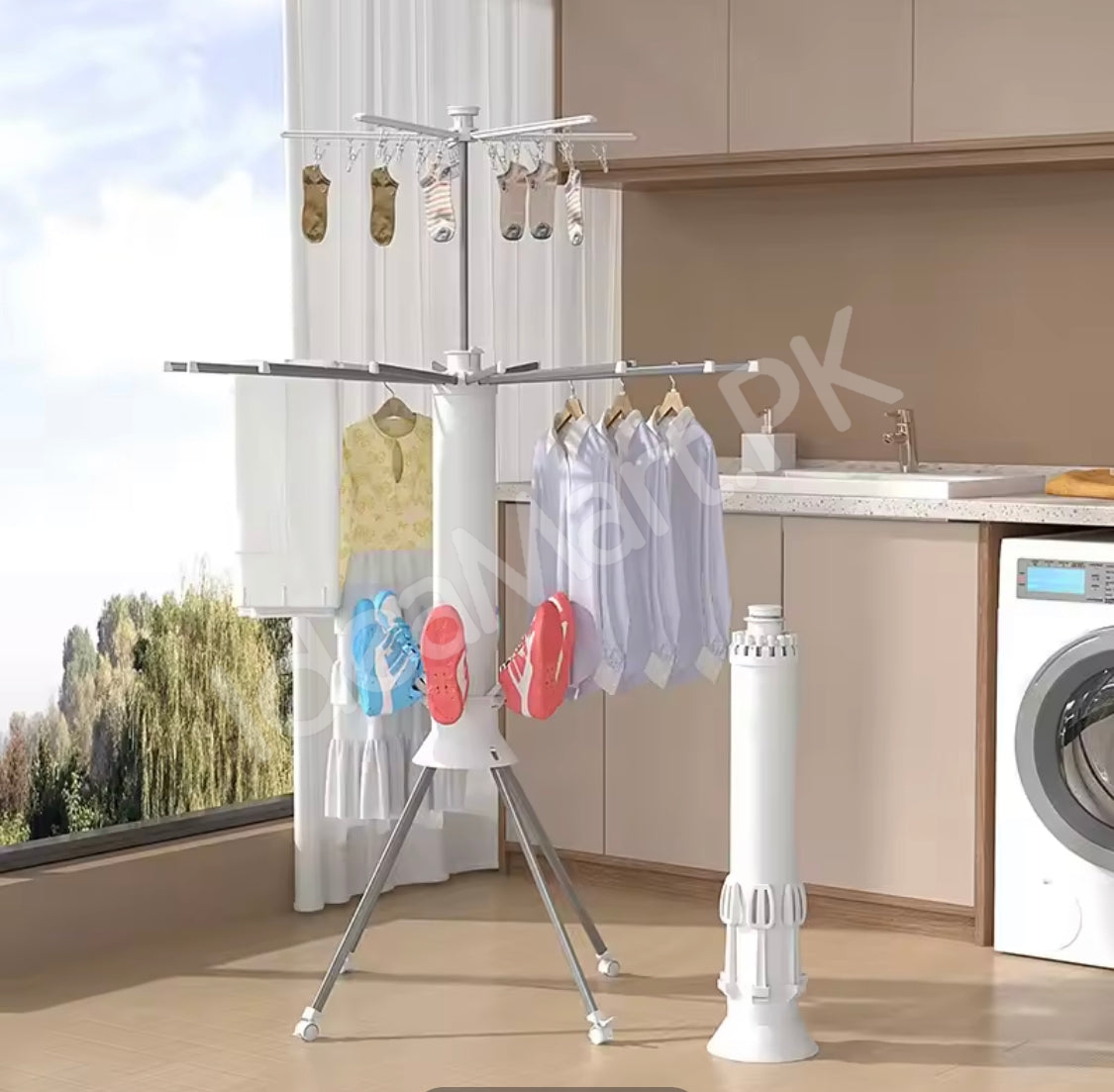 collapsible-clothes-drying-rack-with-tripod-legs-shoe-holders-hanging-clips-and-multi-layer-design-for-home-balcony-product-image