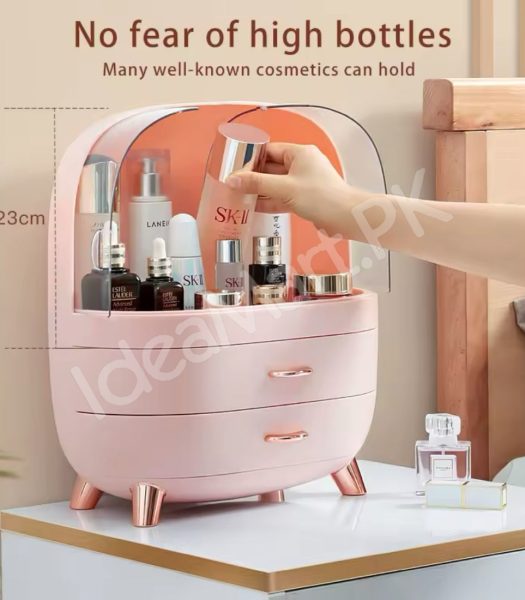 dustproof-cosmetic-storage-box-with-clear-lid-2-drawers-rose-gold-accents-for-vanity-countertop-makeup-organizer-product-image
