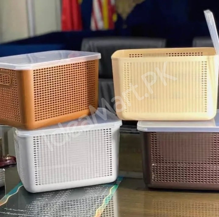 rectangular-perforated-plastic-storage-basket-with-clear-lid-built-in-carry-handlesfor-multi-purpose-home-storage-product-image