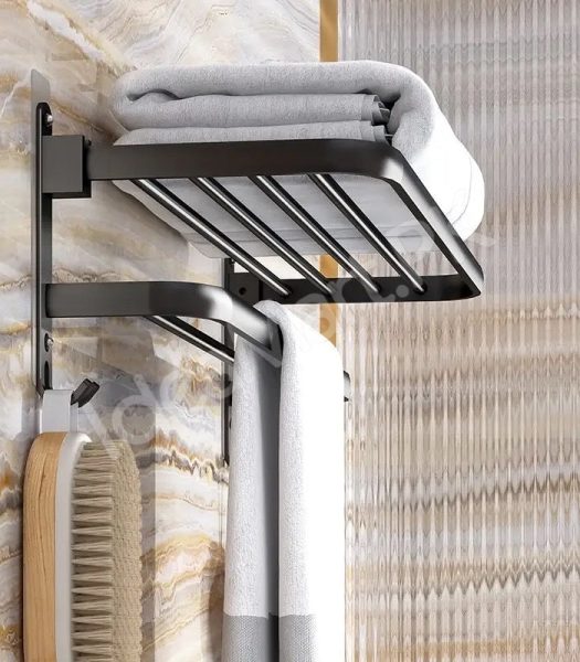 aluminum-space-saving-wall-mounted-double-folding-bath-towel-holder-shelf-with-hooks-for-bathroom-storage-product-image