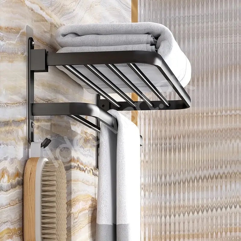 aluminum-space-saving-wall-mounted-double-folding-bath-towel-holder-shelf-with-hooks-for-bathroom-storage-product-image