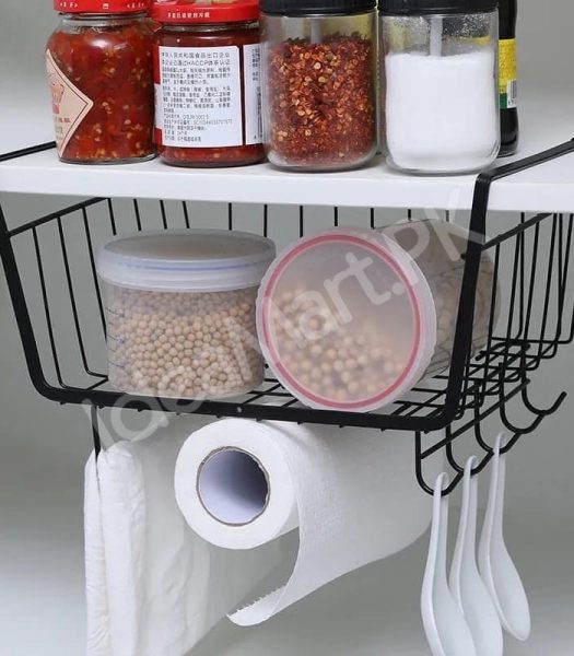 black-metal-wire-under-cabinet-shelf-storage-basket-with-integrated-paper-towel-roll-holder-5-hanging-utensil-hooks-for-kitchen-pantry-product-image