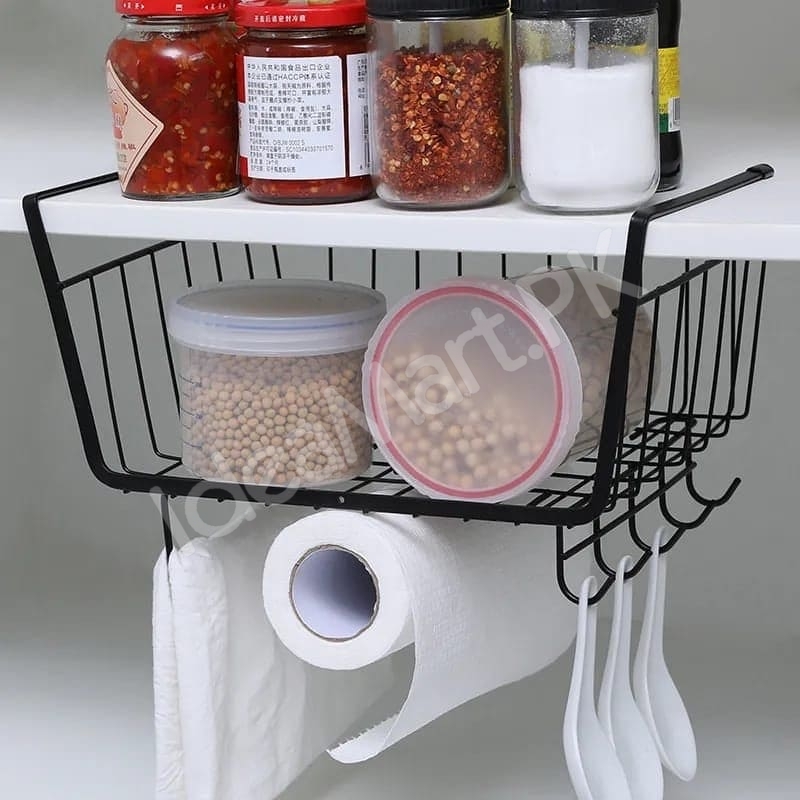 black-metal-wire-under-cabinet-shelf-storage-basket-with-integrated-paper-towel-roll-holder-5-hanging-utensil-hooks-for-kitchen-pantry-product-image