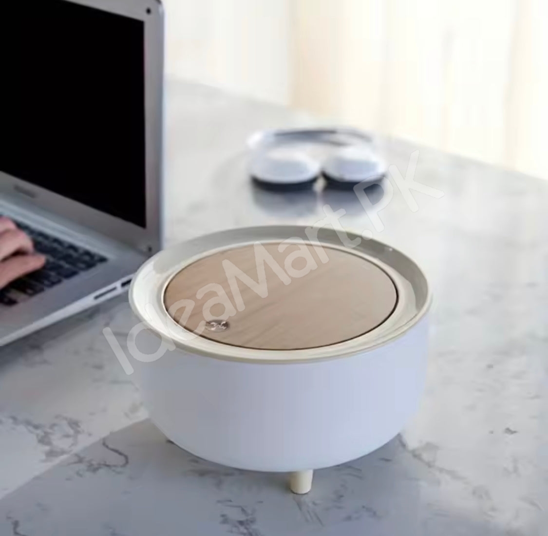 nordic-press-round-desktop-trash-can-with-wooden-lid-compact-waste-bin-for-office-desk-vanity-countertop-bedside-use-product-image