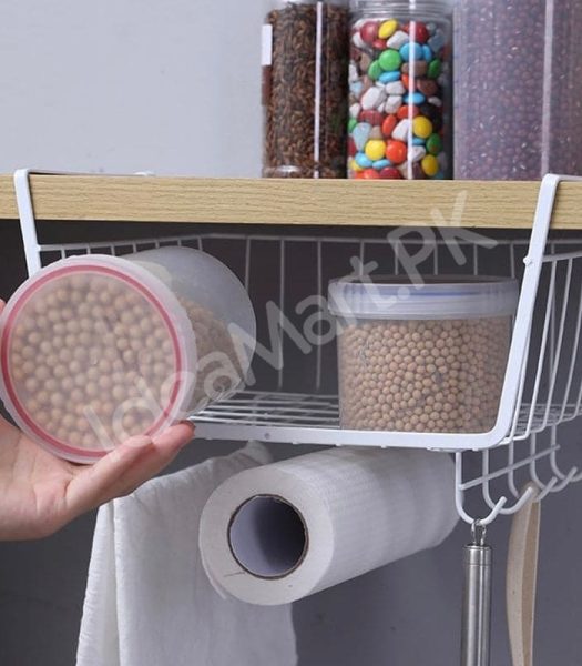 black-metal-wire-under-cabinet-shelf-storage-basket-with-integrated-paper-towel-roll-holder-5-hanging-utensil-hooks-for-kitchen-pantry-product-image