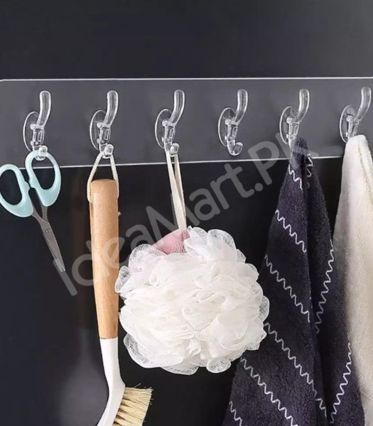 flexible-transparent-6-hook-adhesive-utility-strip-hanger-wall-mount-storage-for-bathroom-towels-kitchen-tools-home-goods-product-image