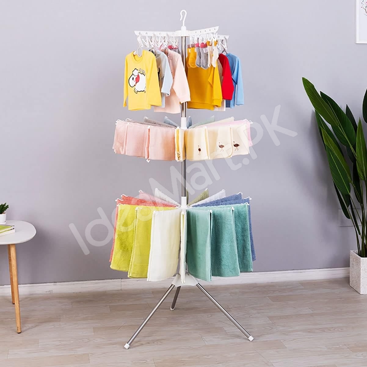 3-tier-horse-clothes-drying-rack-with-360-rotating-tripod-base-foldable-stainless-steel-laundry-airer-stand-for-indoor-outdoor-balcony-clothing-storage-product-image