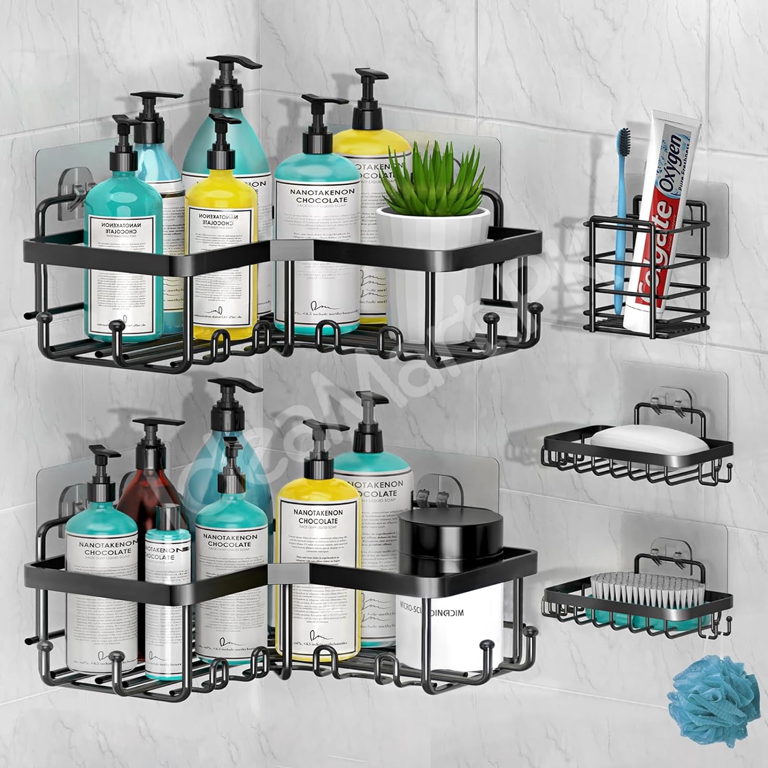 5-piece-black-metal-wire-shower-caddy-organizer-set-adhesive-corner-shelves-rectangular-racks-for-wall-mounted-bathroom-storage-product-image