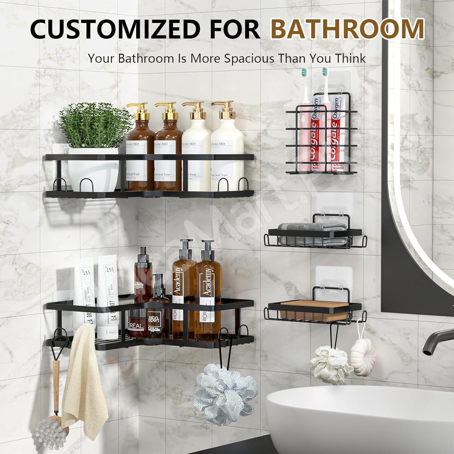 5-piece-black-metal-wire-shower-caddy-organizer-set-adhesive-corner-shelves-rectangular-racks-for-wall-mounted-bathroom-storage-product-image