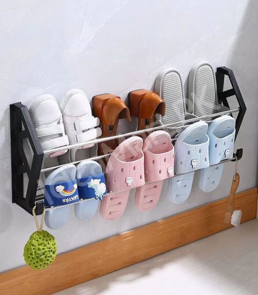 2-layer-space-saving-wall-mounted-adhesive-shoe-rack-with-hooks-foldable-door-organizer-for-slippers-sneakers-sandals-product-image