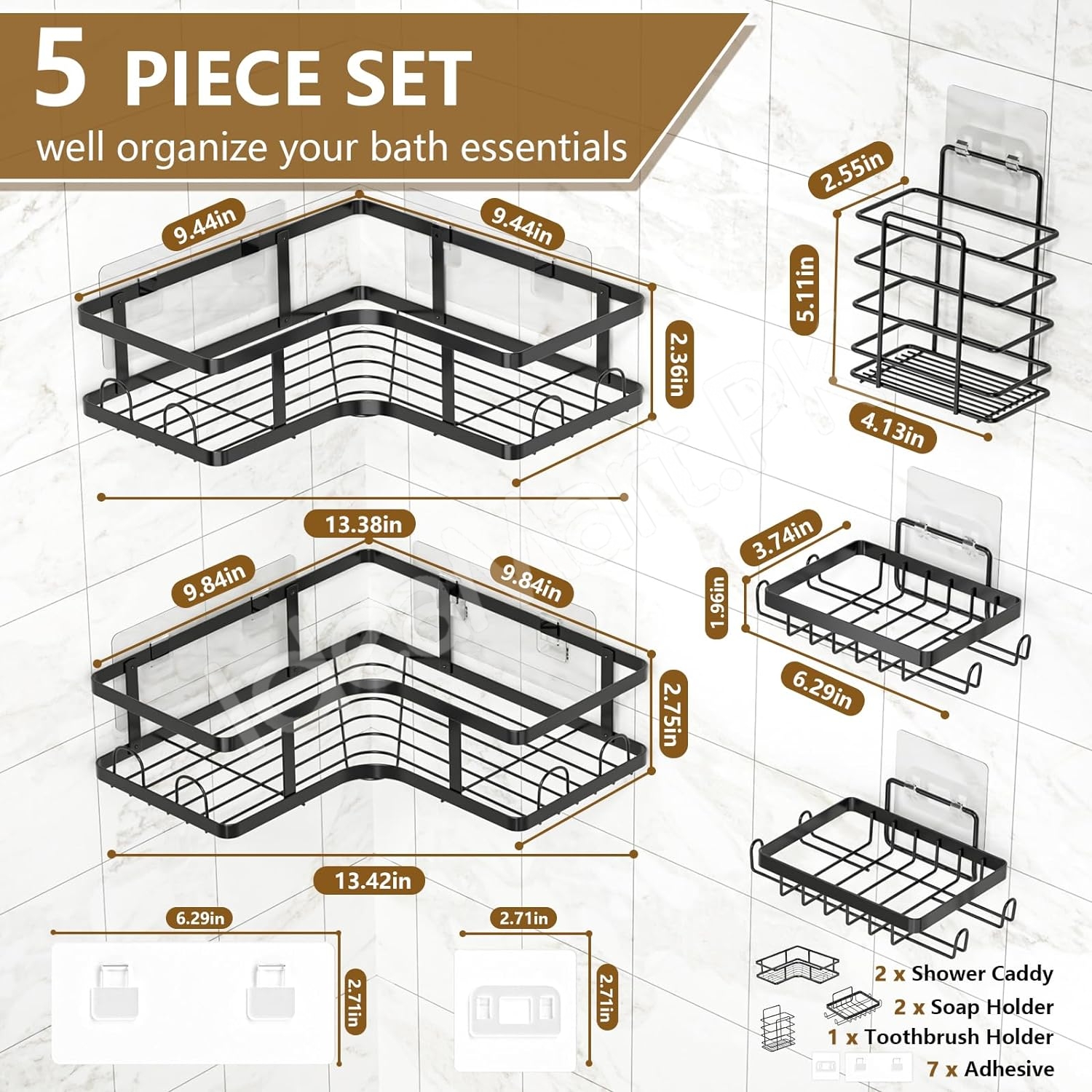 5-piece-black-metal-wire-shower-caddy-organizer-set-adhesive-corner-shelves-rectangular-racks-for-wall-mounted-bathroom-storage-product-image