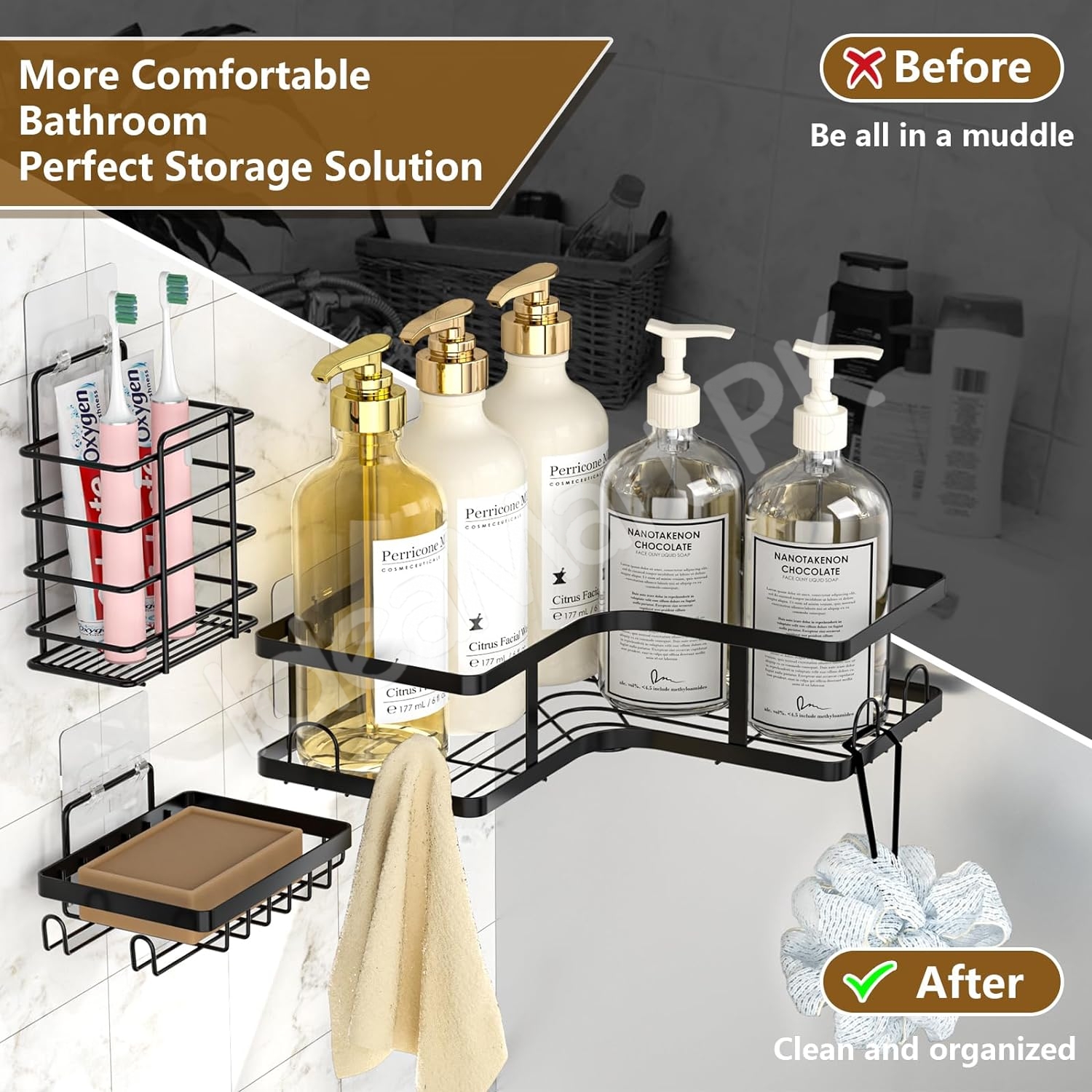 5-piece-black-metal-wire-shower-caddy-organizer-set-adhesive-corner-shelves-rectangular-racks-for-wall-mounted-bathroom-storage-product-image