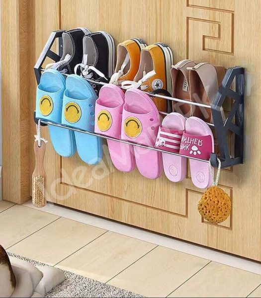 2-layer-space-saving-wall-mounted-adhesive-shoe-rack-with-hooks-foldable-door-organizer-for-slippers-sneakers-sandals-product-image
