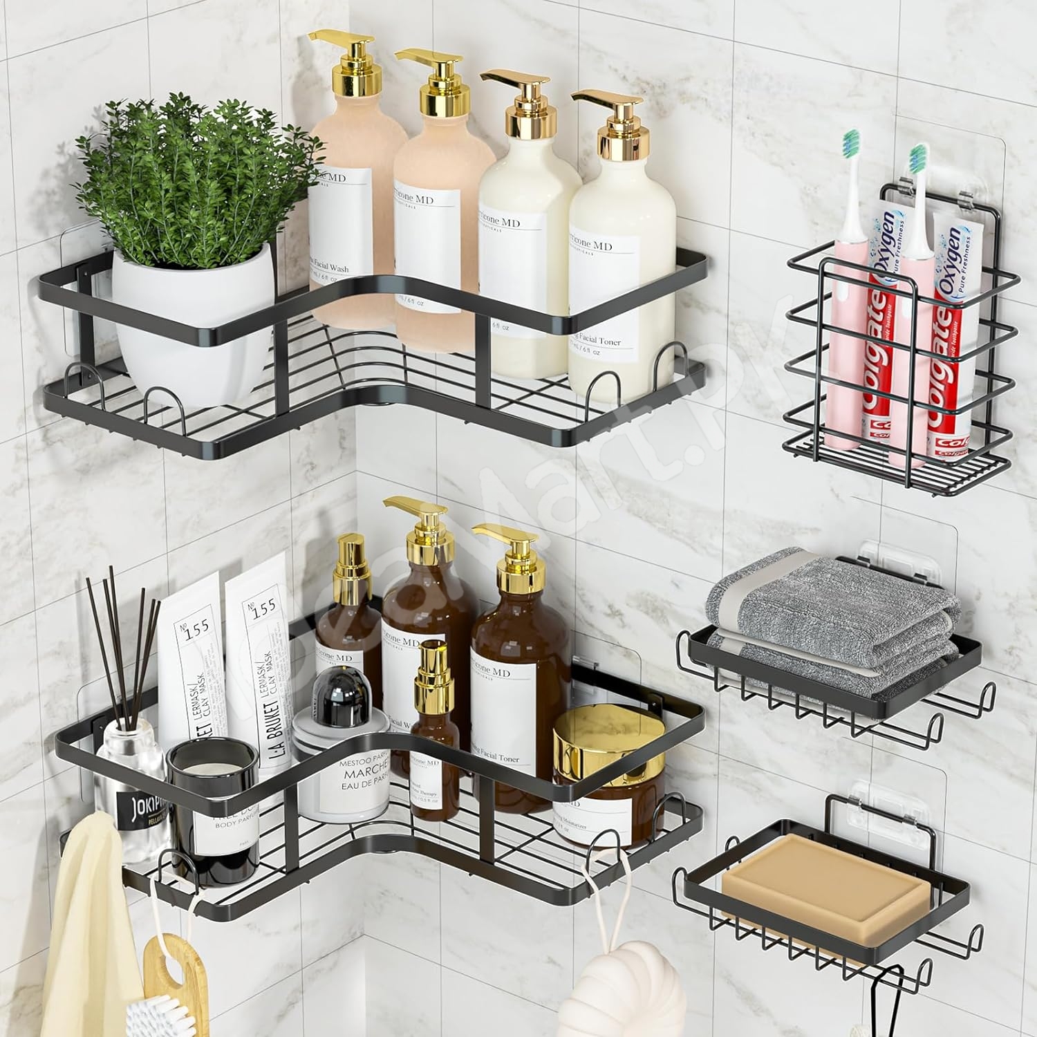 5-piece-black-metal-wire-shower-caddy-organizer-set-adhesive-corner-shelves-rectangular-racks-for-wall-mounted-bathroom-storage-product-image
