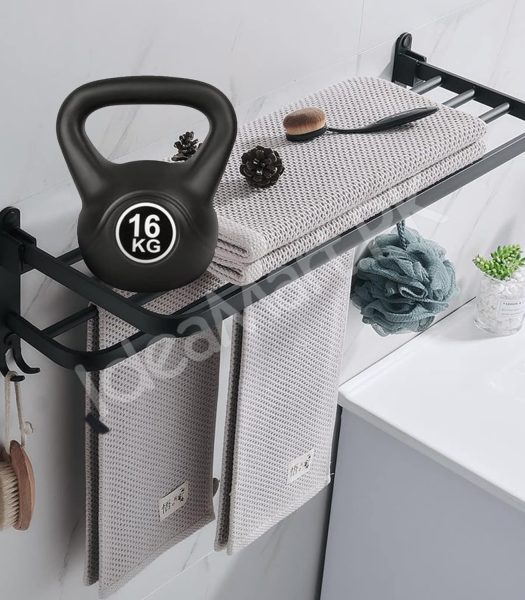 aluminum-space-saving-wall-mounted-double-folding-bath-towel-holder-shelf-with-hooks-for-bathroom-storage-product-image