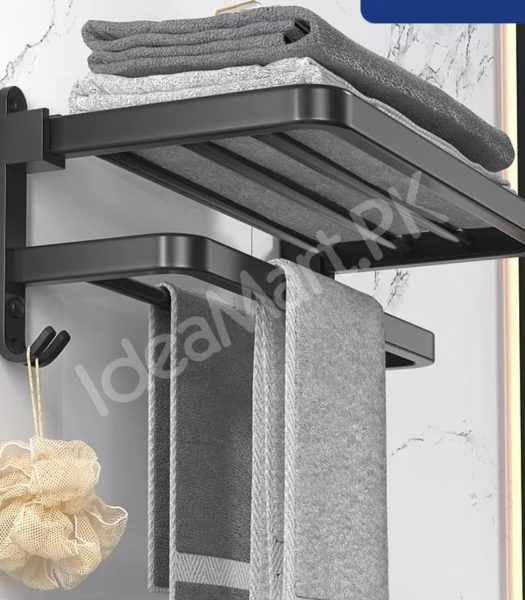 aluminum-space-saving-wall-mounted-double-folding-bath-towel-holder-shelf-with-hooks-for-bathroom-storage-product-image
