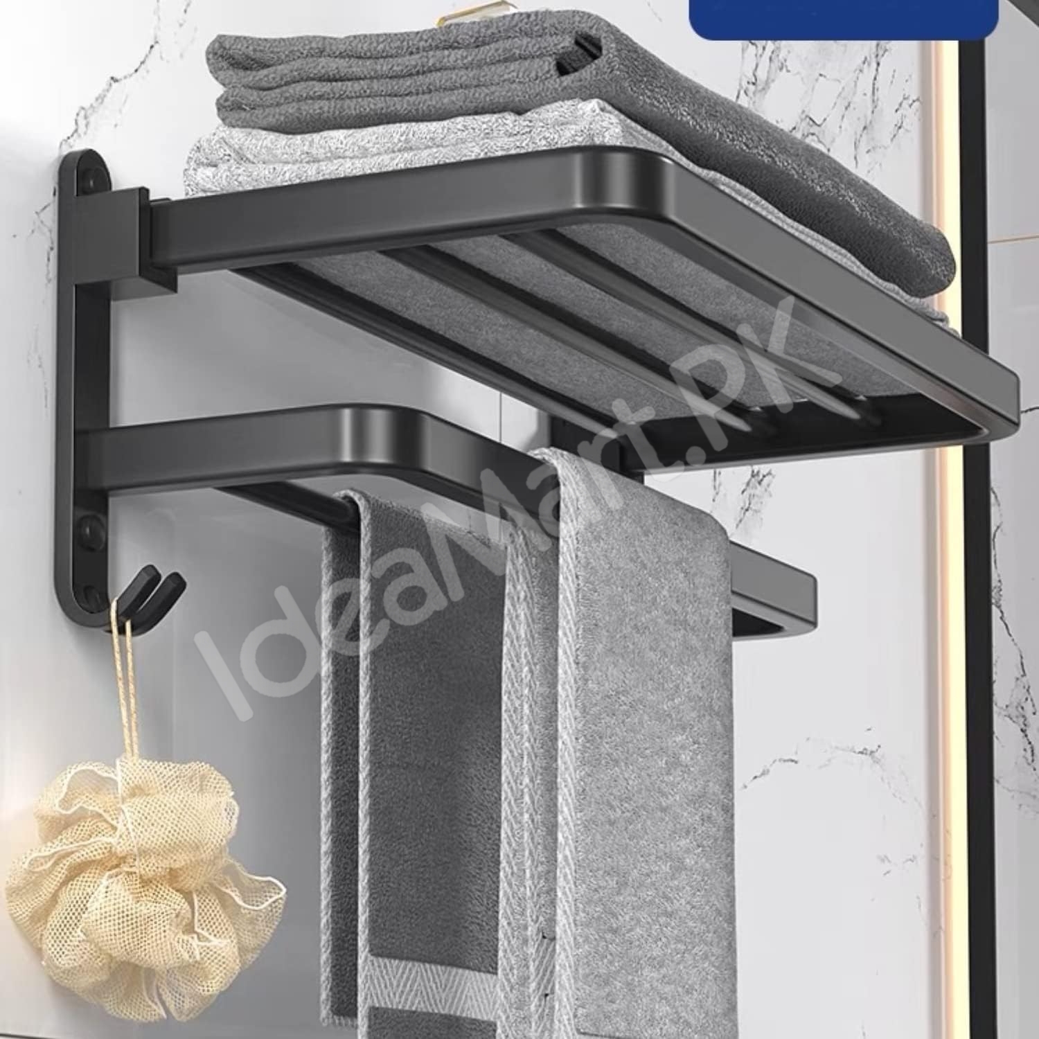 aluminum-space-saving-wall-mounted-double-folding-bath-towel-holder-shelf-with-hooks-for-bathroom-storage-product-image