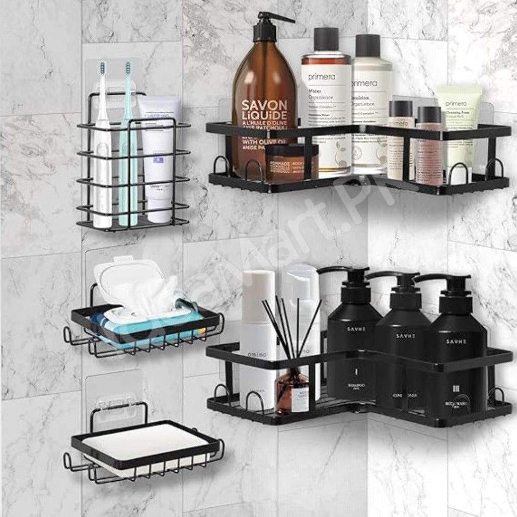 5-piece-black-metal-wire-shower-caddy-organizer-set-adhesive-corner-shelves-rectangular-racks-for-wall-mounted-bathroom-storage-product-image