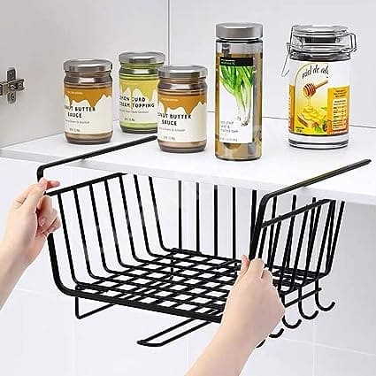 black-metal-wire-under-cabinet-shelf-storage-basket-with-integrated-paper-towel-roll-holder-5-hanging-utensil-hooks-for-kitchen-pantry-product-image