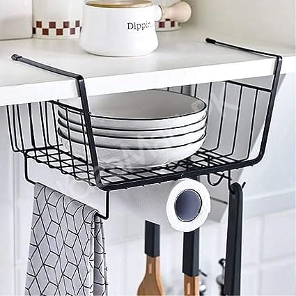 black-metal-wire-under-cabinet-shelf-storage-basket-with-integrated-paper-towel-roll-holder-5-hanging-utensil-hooks-for-kitchen-pantry-product-image