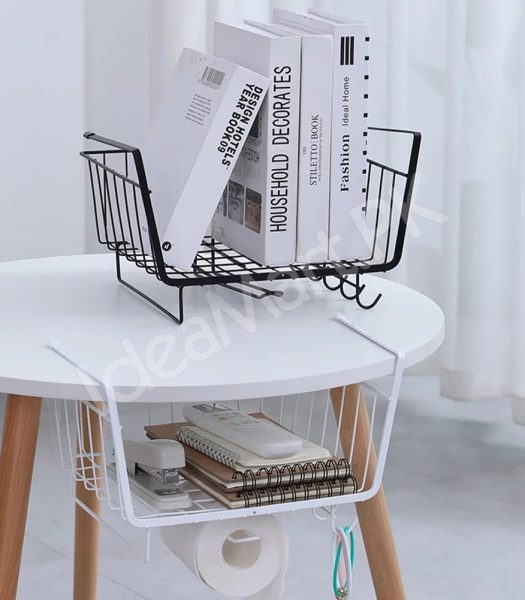 black-metal-wire-under-cabinet-shelf-storage-basket-with-integrated-paper-towel-roll-holder-5-hanging-utensil-hooks-for-kitchen-pantry-product-image