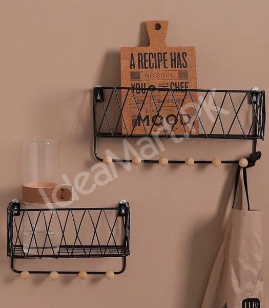 metal-criss-cross-wall-shelve-with-5-wooden-hanging-hooks-multi-purpose-key-coat-entryway-storage-home-decor-display-product-image