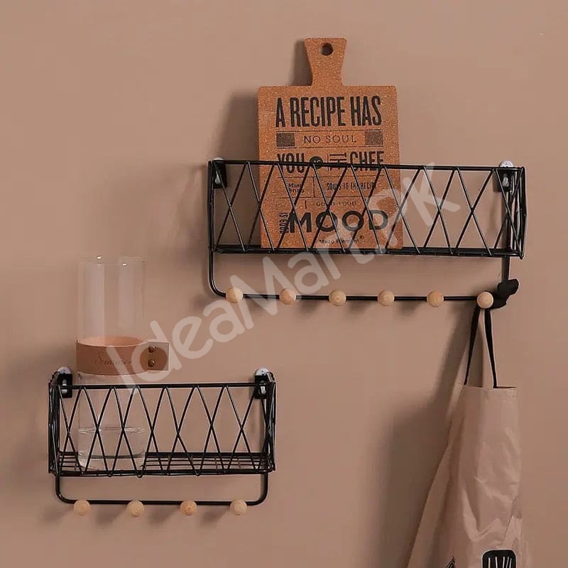 metal-criss-cross-wall-shelve-with-5-wooden-hanging-hooks-multi-purpose-key-coat-entryway-storage-home-decor-display-product-image
