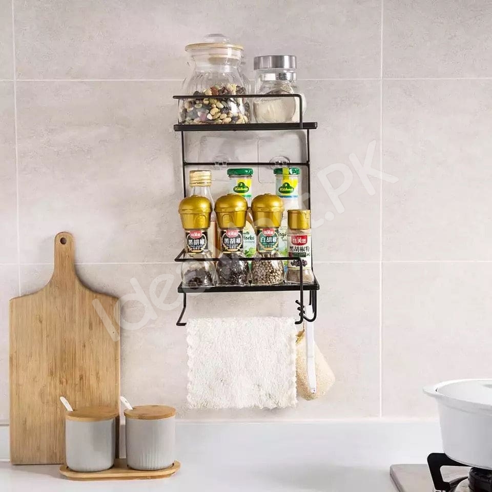 black-metal-wire-double-tier-shower-shelf-with-hanging-hooks-and-towel-bar-for-bathroom-and-kitchen-storage-product-image