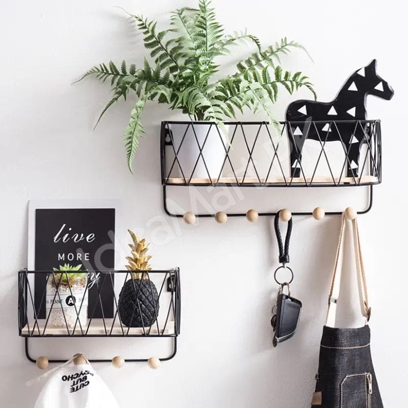 metal-criss-cross-wall-shelve-with-5-wooden-hanging-hooks-multi-purpose-key-coat-entryway-storage-home-decor-display-product-image