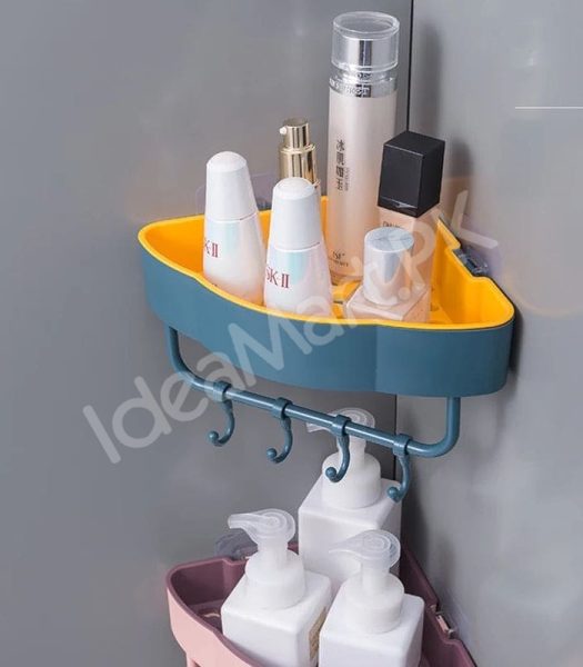 durable-plastic-corner-shower-organizer-shelf-with-4-hanging-hooks-adhesive-wall-mount-for-bathroom-toiletries-storage-product-image