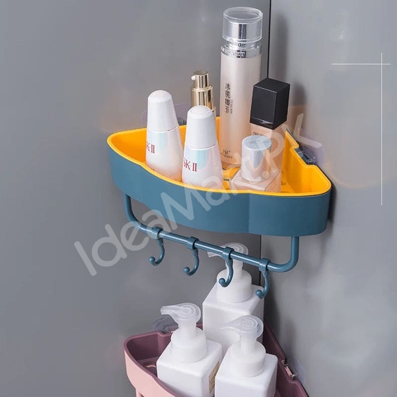durable-plastic-corner-shower-organizer-shelf-with-4-hanging-hooks-adhesive-wall-mount-for-bathroom-toiletries-storage-product-image