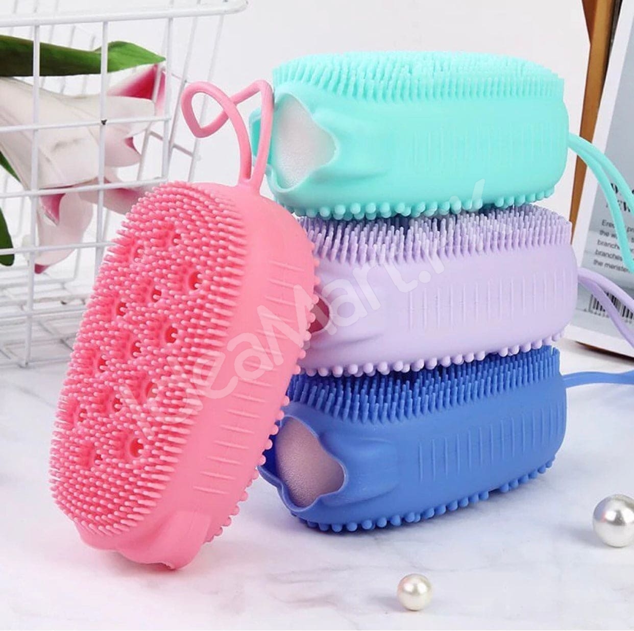 silicone-double-sided-bath-brush-with-soap-holder-soft-bristles-for-full-body-cleaning-spa-and-baby-shower-product-image