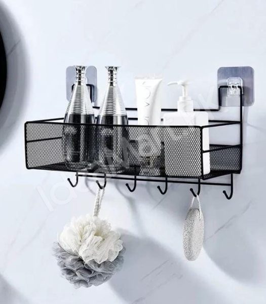 wall-mounted-metal-black-shower-storage-basket-shelf-with-adhesive-installation-and-5-hanging-hooks-for-bathroom-kitchen-storage-product-image