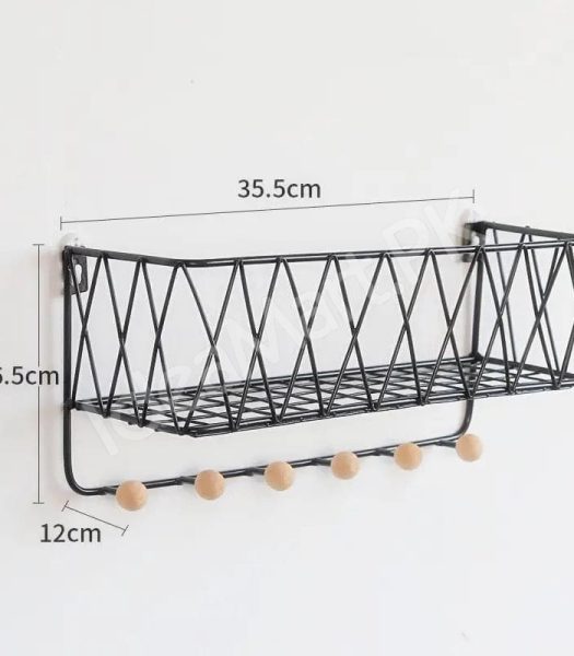 metal-criss-cross-wall-shelve-with-5-wooden-hanging-hooks-multi-purpose-key-coat-entryway-storage-home-decor-display-product-image