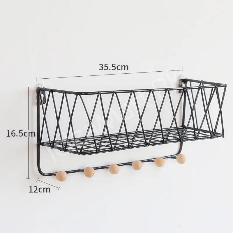 metal-criss-cross-wall-shelve-with-5-wooden-hanging-hooks-multi-purpose-key-coat-entryway-storage-home-decor-display-product-image
