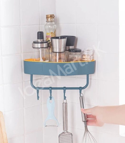 durable-plastic-corner-shower-organizer-shelf-with-4-hanging-hooks-adhesive-wall-mount-for-bathroom-toiletries-storage-product-image