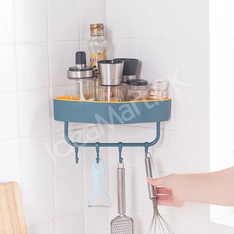 durable-plastic-corner-shower-organizer-shelf-with-4-hanging-hooks-adhesive-wall-mount-for-bathroom-toiletries-storage-product-image