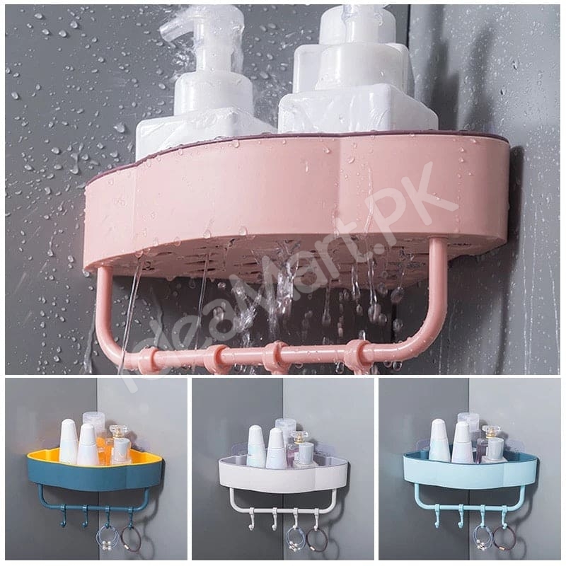 durable-plastic-corner-shower-organizer-shelf-with-4-hanging-hooks-adhesive-wall-mount-for-bathroom-toiletries-storage-product-image