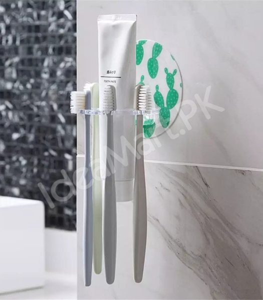 adhesive-bathroom-acrylic-toothbrush-holder-and-toothpaste-organizer-rack-with-multi-slot-wall-mount-design-product-image