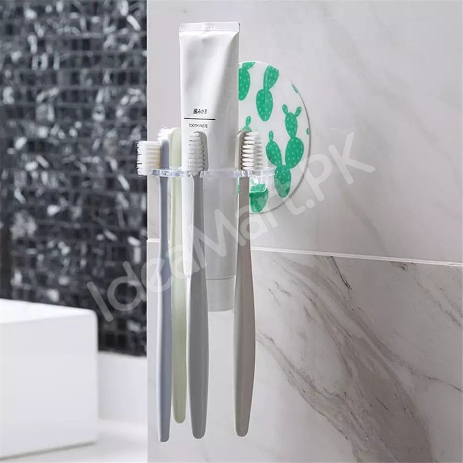 adhesive-bathroom-acrylic-toothbrush-holder-and-toothpaste-organizer-rack-with-multi-slot-wall-mount-design-product-image