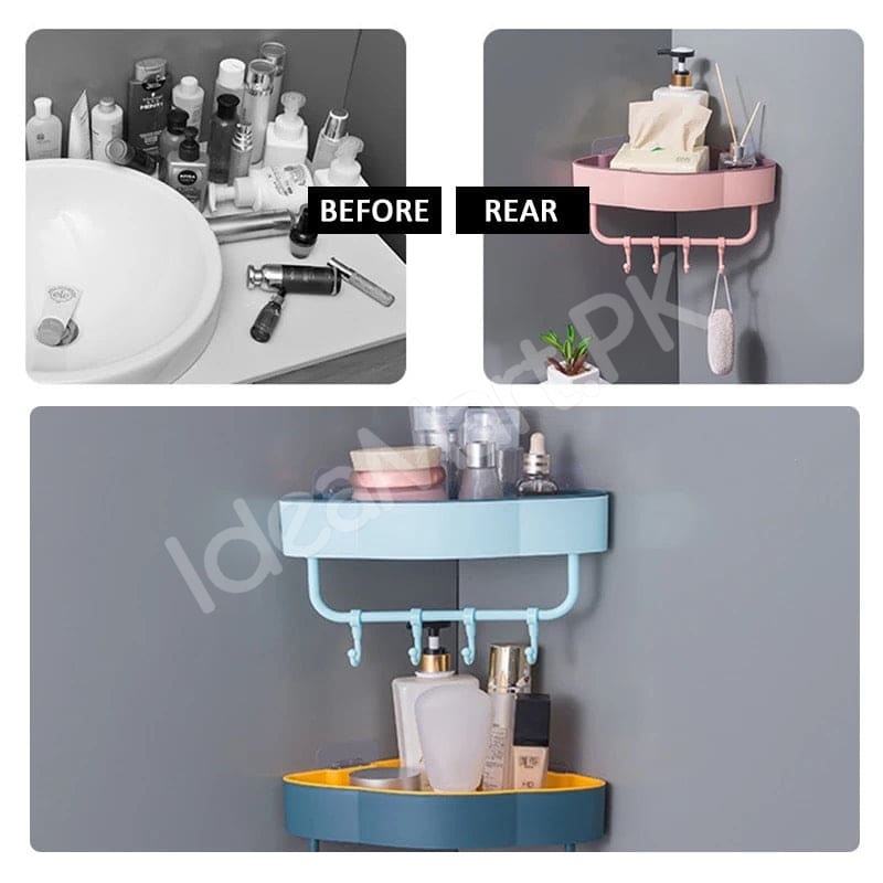 durable-plastic-corner-shower-organizer-shelf-with-4-hanging-hooks-adhesive-wall-mount-for-bathroom-toiletries-storage-product-image