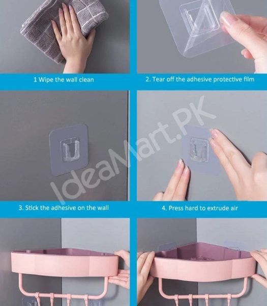 durable-plastic-corner-shower-organizer-shelf-with-4-hanging-hooks-adhesive-wall-mount-for-bathroom-toiletries-storage-product-image