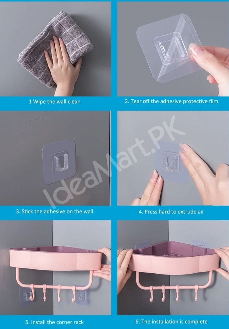 durable-plastic-corner-shower-organizer-shelf-with-4-hanging-hooks-adhesive-wall-mount-for-bathroom-toiletries-storage-product-image