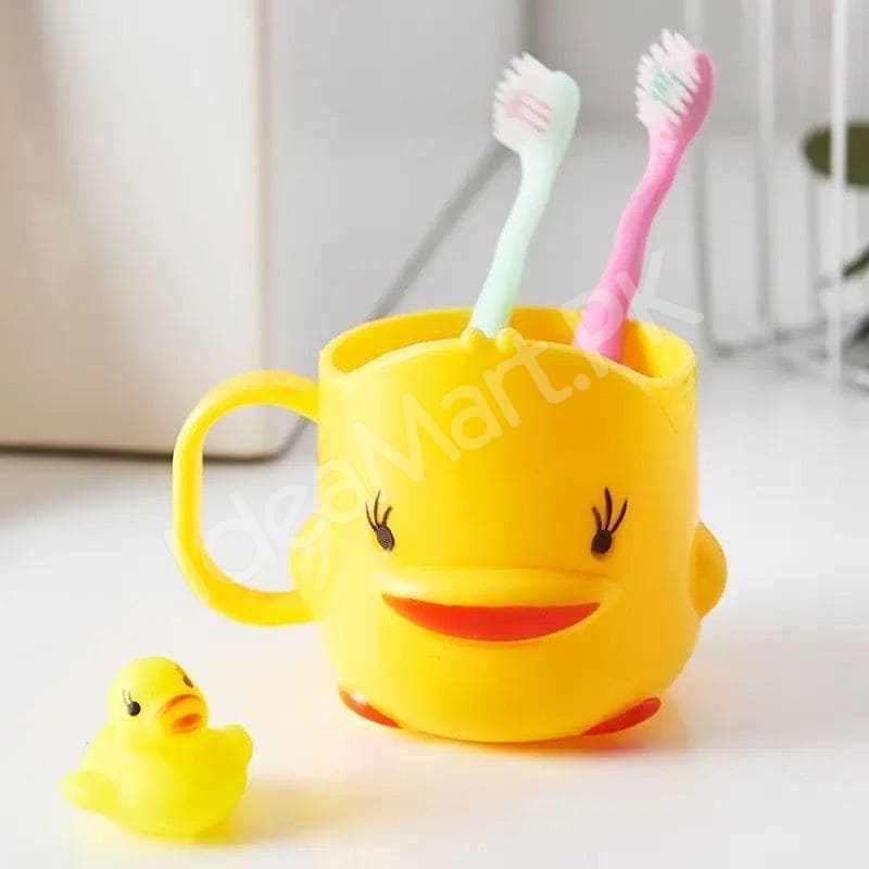 yellow-cartoon-duck-shaped-plastic-cup-with-handle-multi-purpose-kids-bathroom-tumbler-toothbrush-holder-product-image