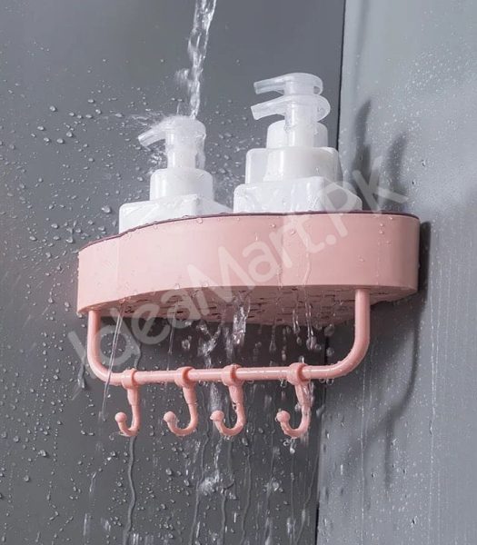 durable-plastic-corner-shower-organizer-shelf-with-4-hanging-hooks-adhesive-wall-mount-for-bathroom-toiletries-storage-product-image