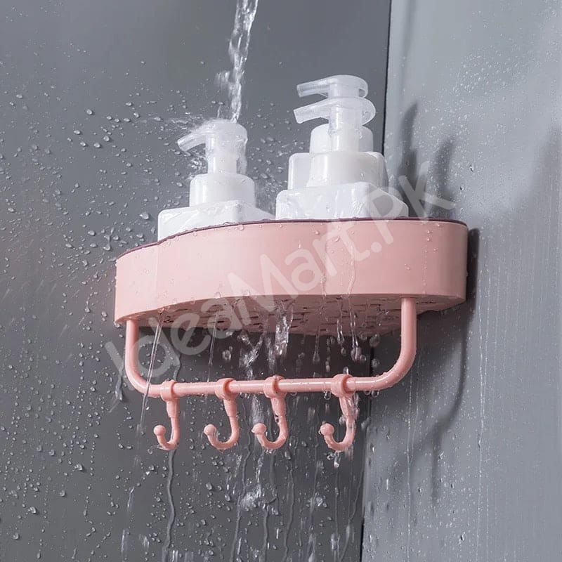 durable-plastic-corner-shower-organizer-shelf-with-4-hanging-hooks-adhesive-wall-mount-for-bathroom-toiletries-storage-product-image