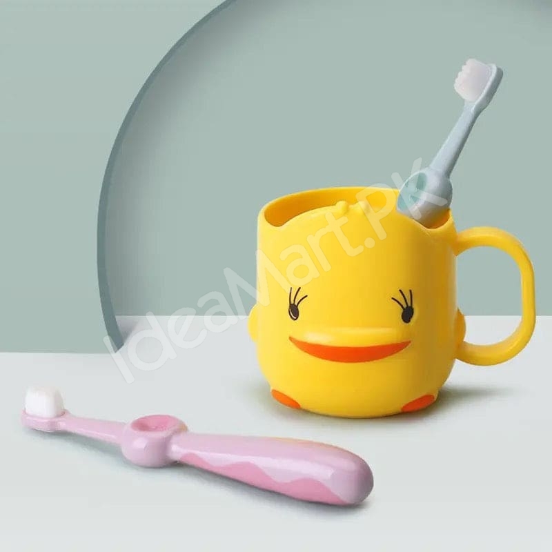yellow-cartoon-duck-shaped-plastic-cup-with-handle-multi-purpose-kids-bathroom-tumbler-toothbrush-holder-product-image