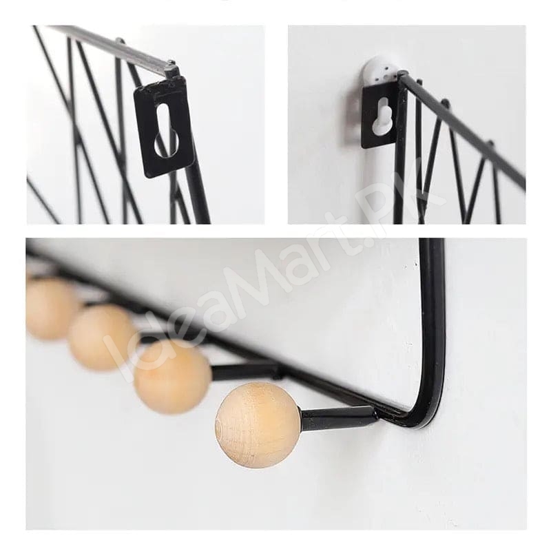 metal-criss-cross-wall-shelve-with-5-wooden-hanging-hooks-multi-purpose-key-coat-entryway-storage-home-decor-display-product-image