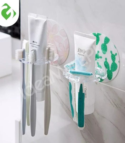 adhesive-bathroom-acrylic-toothbrush-holder-and-toothpaste-organizer-rack-with-multi-slot-wall-mount-design-product-image